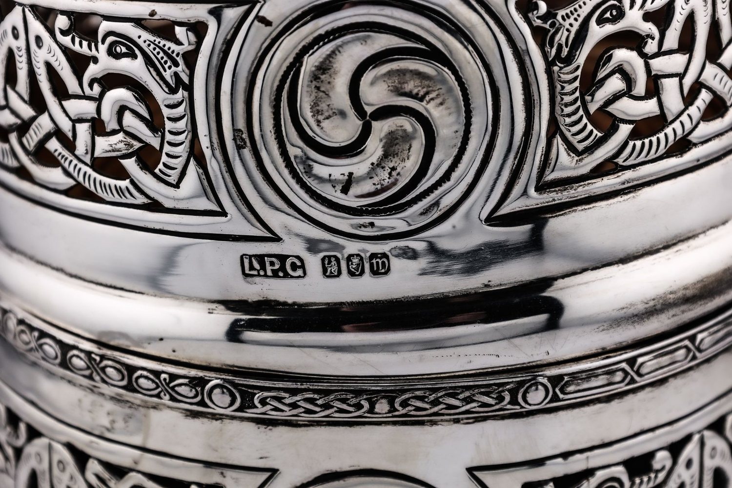Hallmarks on a piece of Irish silver with Celtic revival decoration