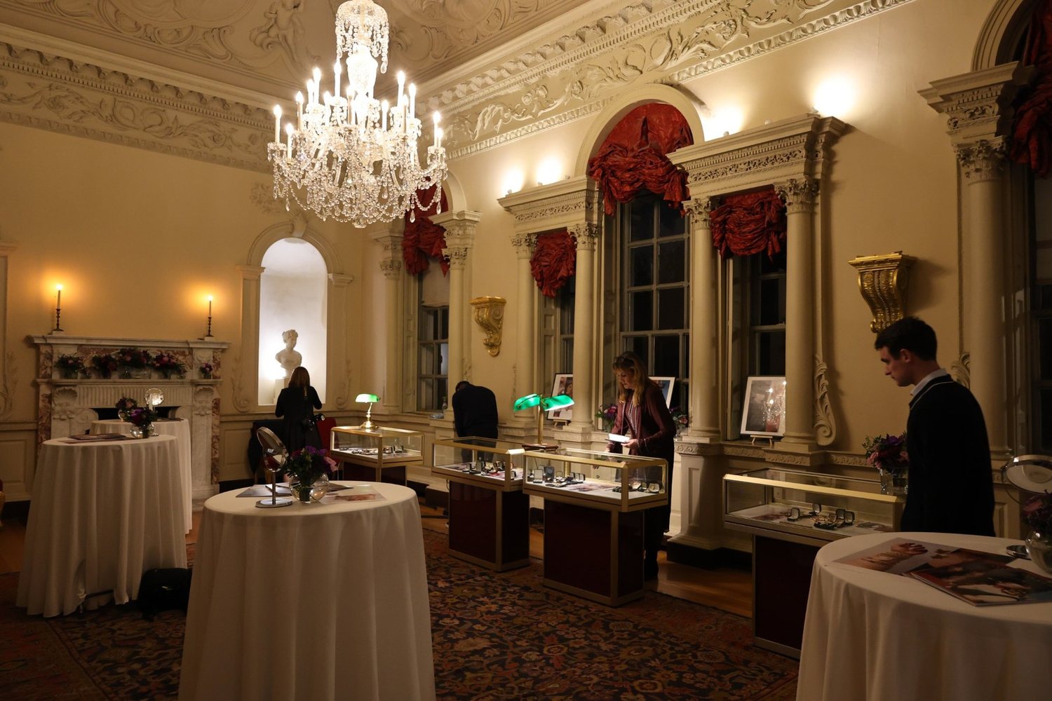 A jewellery exhibition laid out in a Georgian room