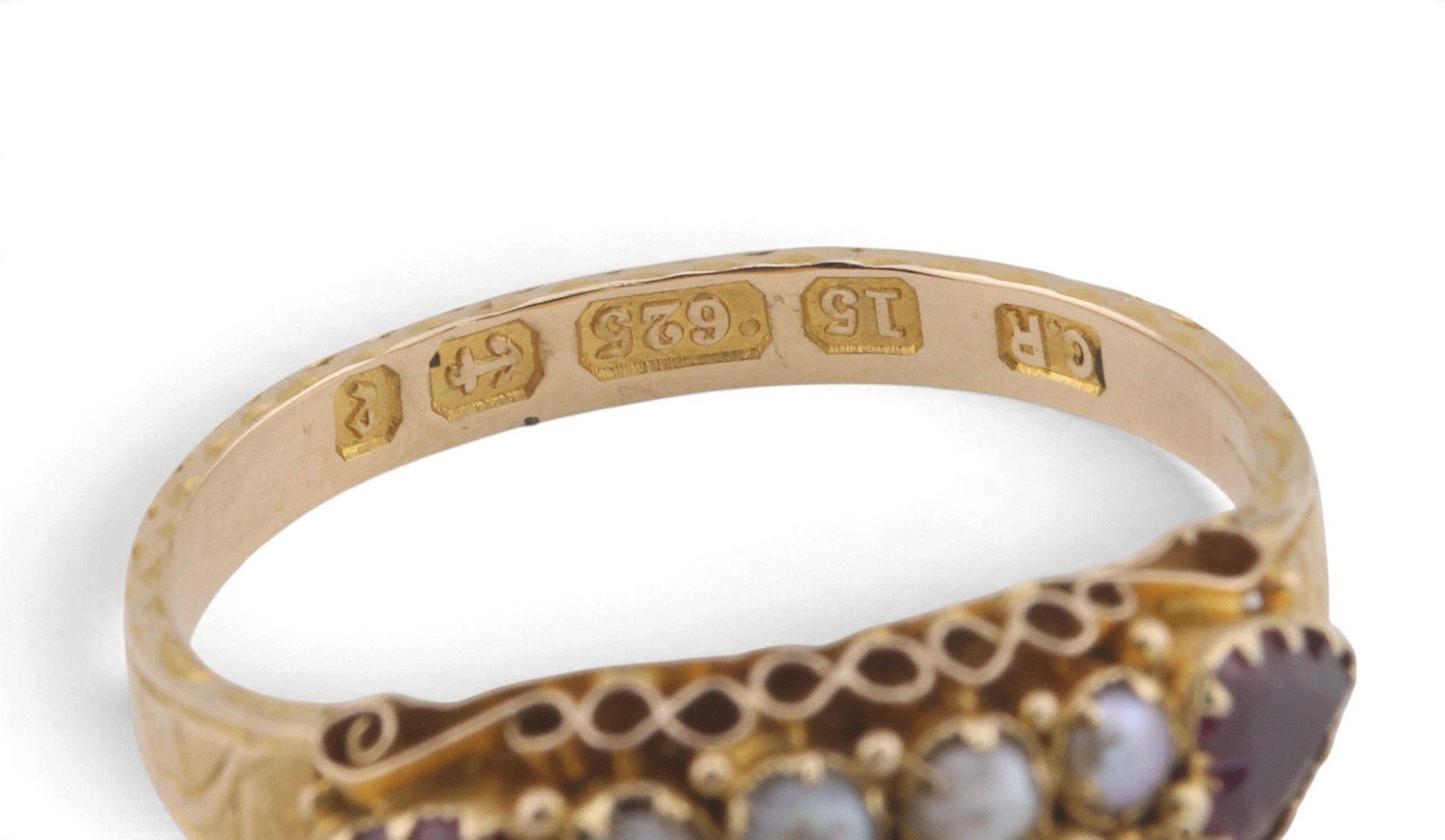 Birmingham hallmarks for 1879 inside a 15 carat gold ring, stamped 15 and .625 beside the anchor