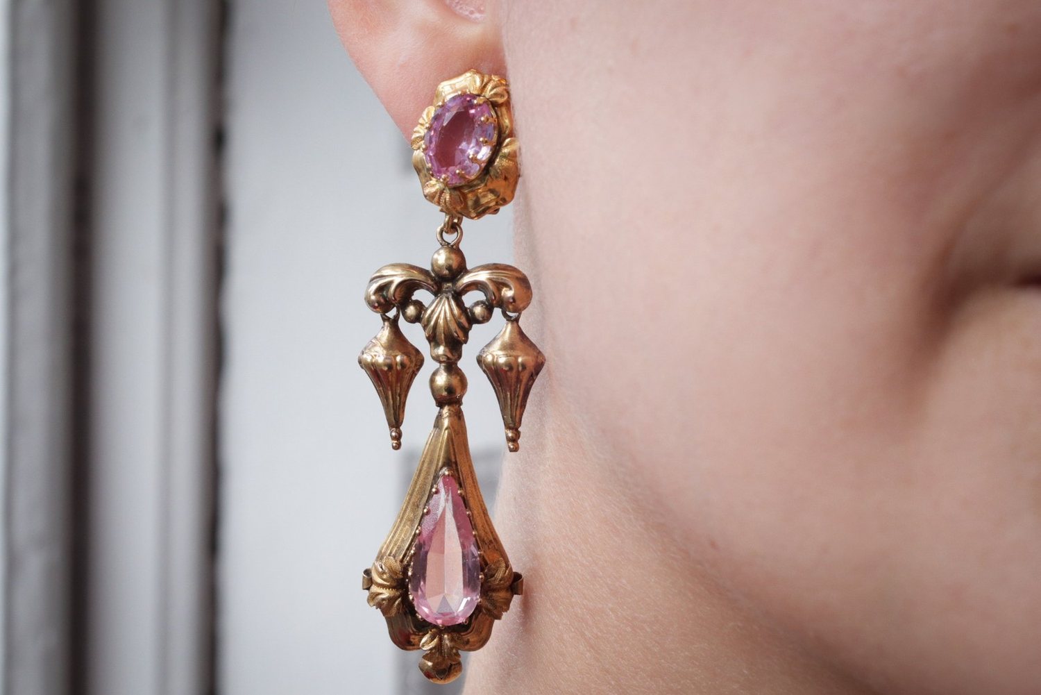 Georgian pink topaz drop earrings worn