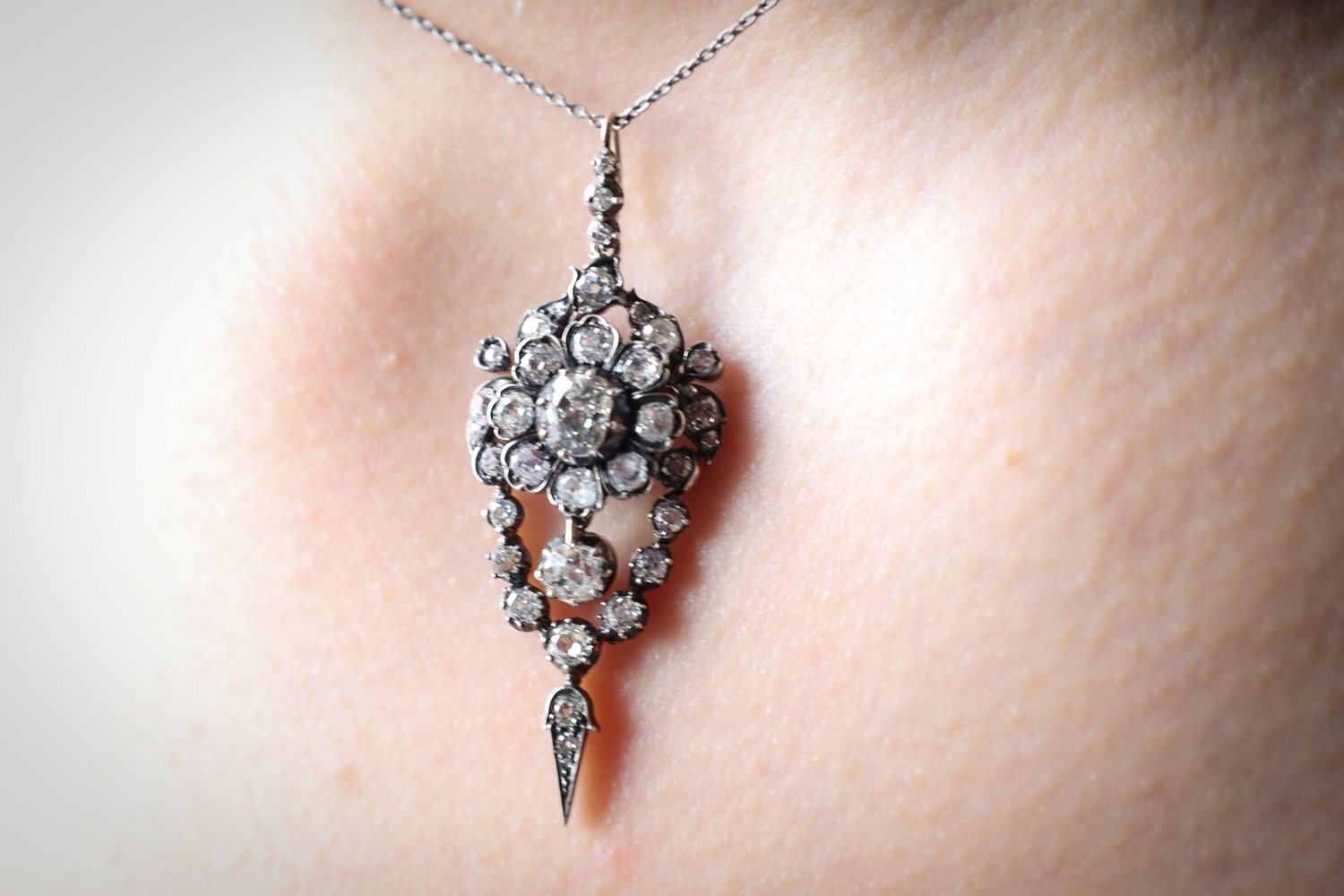 A Victorian diamond pendant worn at the neck